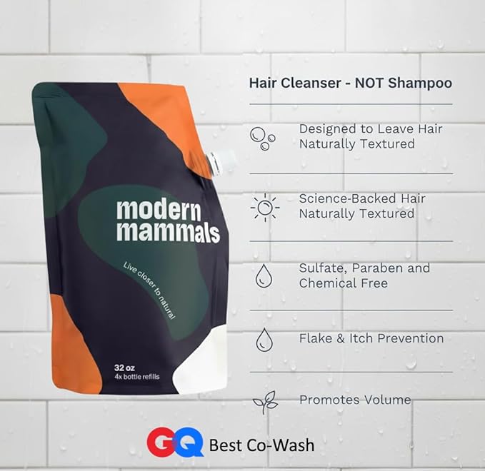 Modern Mammals Men's Shampoo Alternative I Sulfate Free CoWash I Enhances Natural Hair Volume I Lather Free, Cleansing, Hydrating, Replaces Conditioner, 2 in 1, I Barber Recommended (32oz)