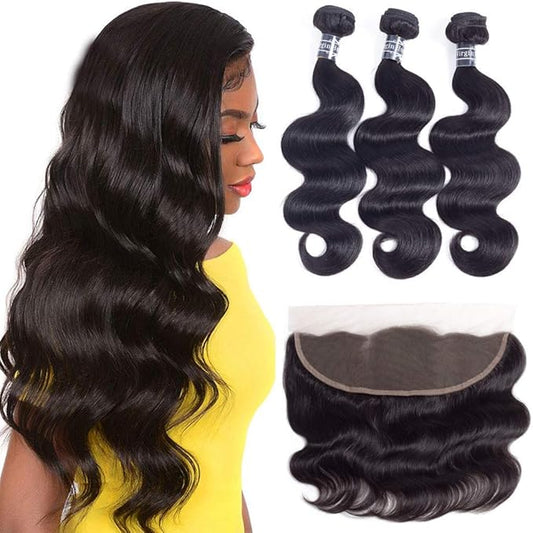 Amella Hair 3 Bundles with Frontal, 100% Unprocessed Brazilian Remy Human Hair, Body Wave, 20 22 24+18inch, Natural Black Color