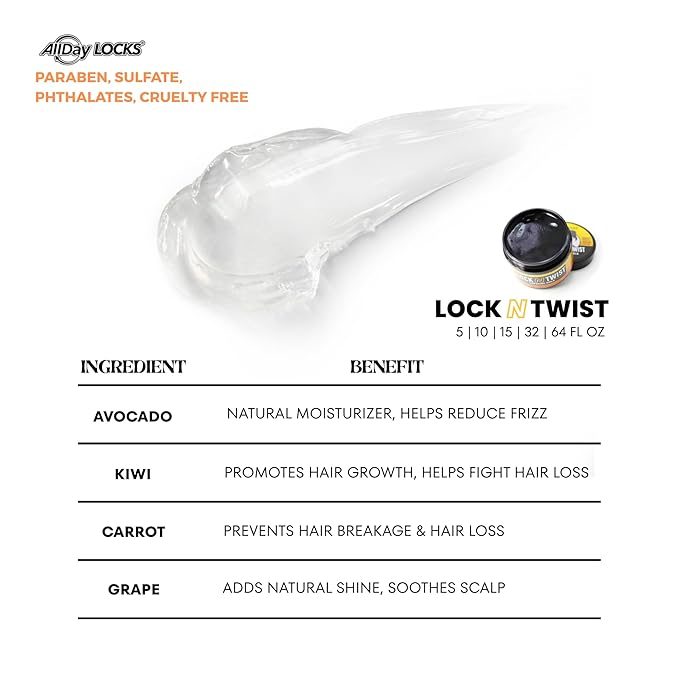 AllDay Locks Lock N Twist (10 oz) | Supreme Hold, No Frizz or Flaking | Hydrating, Nourishing Locking Gel | Grape & Avocado-Infused | Lock & Twist Braids, Locks, Twists, Cornrows | 10 oz
