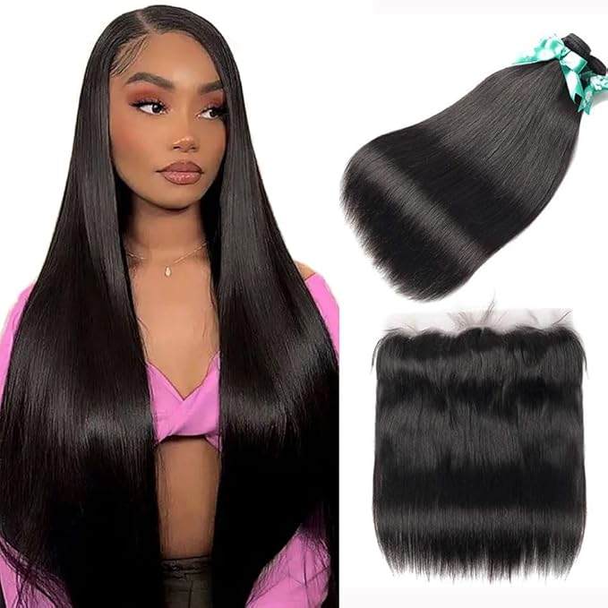 Straight 3 Bundles with Frontal (14 16 18+14) 13x4 Ear to Ear Lace Frontal Unprocessed Virgin Brazilian Human Hair Bundles Natural Color