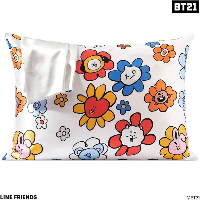 Kitsch x BT21 Satin Pillowcase with Zipper – Better Than Silk Pillowcase, Van Character & Funky Floral Print – Soft Cooling Toddler Bed Time Pillow Case for Hair & Skin – Queen/Standard 19x26