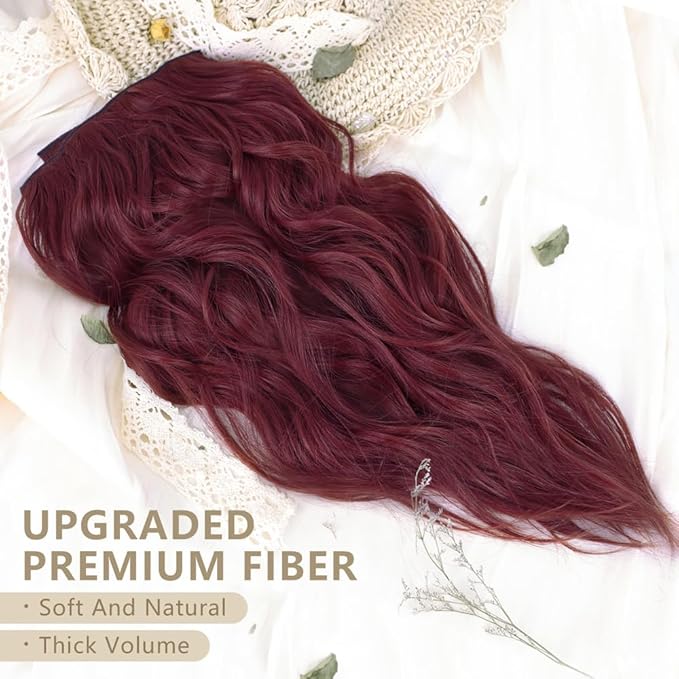 ALXNAN Clip in Long Wavy Synthetic Hair Extension 20 Inch Burgundy 4PCS Thick Hairpieces Fiber Double Weft Hair for Women