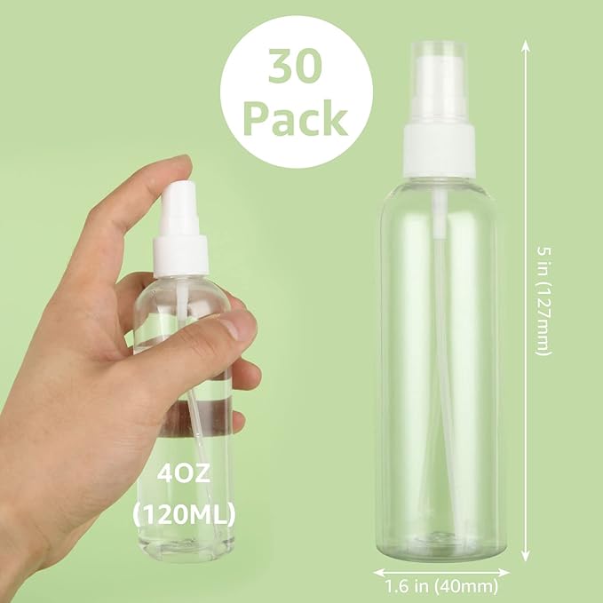 APACALI 30PCS 4 Oz Mini Mist Spray Bottle - Clear Fine Small Empty Travel Bottles - Reusable Liquid Containers for Perfume, Plant, Water (120ml)