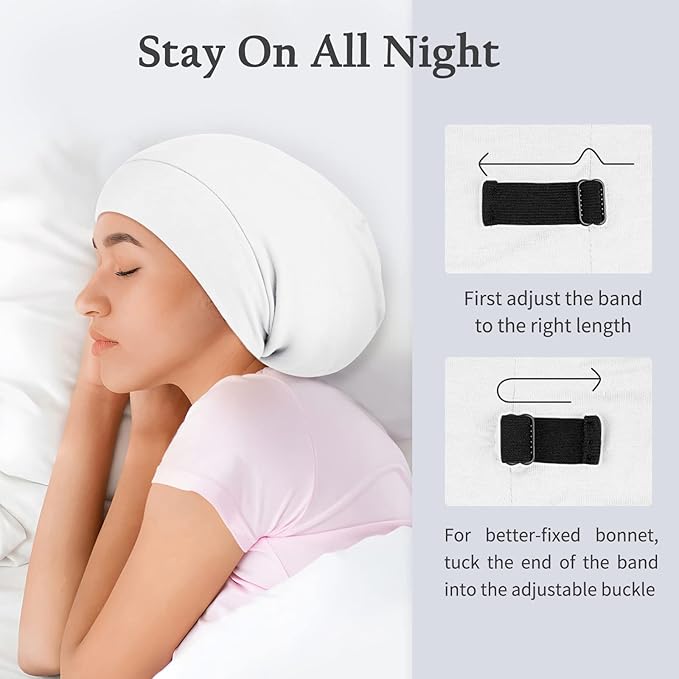 OLESILK Silk Bonnet for Sleeping Women: 100% Mulberry Silk for Frizz Free Curly, Adjustable Strap for Non Slip, Ivory