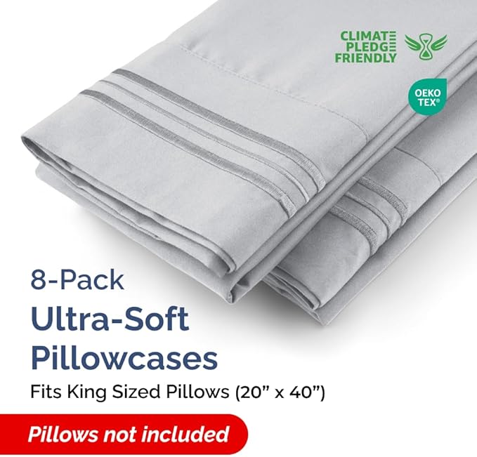 King Pillow Cases Set of 8 - Ultra Soft Hotel Quality Pillowcase Covers - Comfy. Cozy & Wrinkle Free - Shrink, Stain and Fade Resistant - Machine Washable Pillow Protectors - 8 Piece Set - Steel Blue