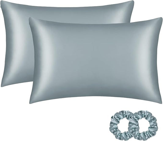 ALASKA BEAR Silk Pillowcase for Hair and Skin, Set of 2 Pure Genuine 22 Momme Mulberry Silk Pillow Cases Standard Size for Bliss Sleep Better Than Poly Satin, Zipper Closure(2pc, HazeBlue)
