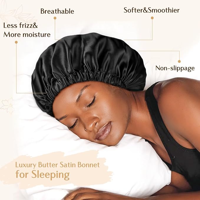 YANIBEST Adjustable Satin Bonnet Double Layer Hair Bonnet for Sleeping Bonnets for Women Hats Curly Natural Hair, Black