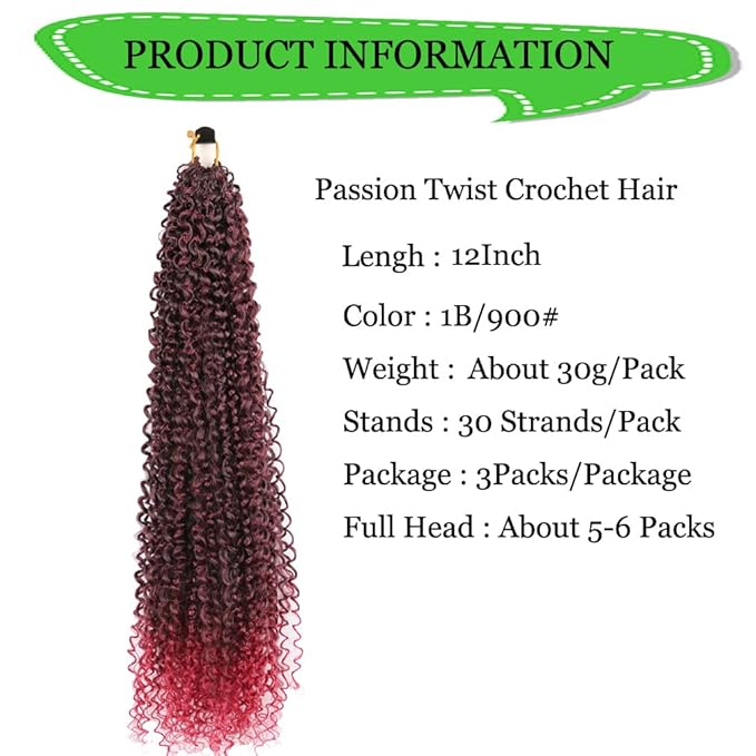 Passion Twist Hair Extensions Black to Burgundy Curly Crochet Hair 12 Inch Short Curly Braiding Hair 3 Packs Ombre Crochet Braids with Curls for Black Women(12",1B900)