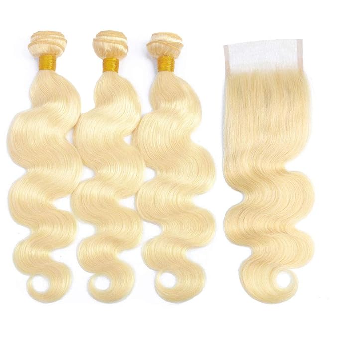 613 Blonde Body Wave Bundles Human Hair with Closure (16 18 20+14") 12A Grade Brazilian Virgin 613 Blonde Body Wave Human Hair 3 Bundles with Transparent Lace Closure