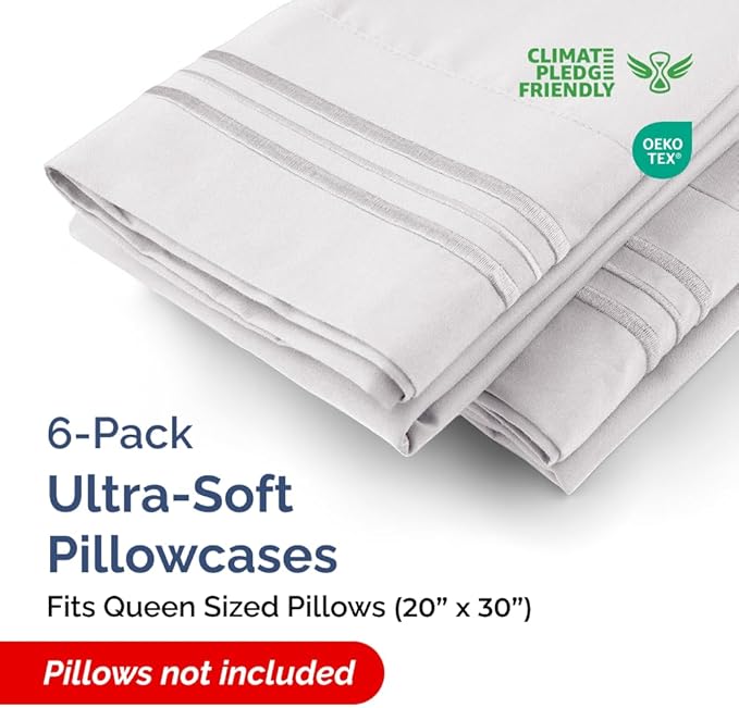 Queen Pillow Cases Set of 6 - Ultra Soft Hotel Quality Pillowcase Covers - Comfy, Cozy & Wrinkle Free - Shrink, Stain & Fade Resistant - Machine Washable Pillow Protectors - 6 Piece Set - French Grey