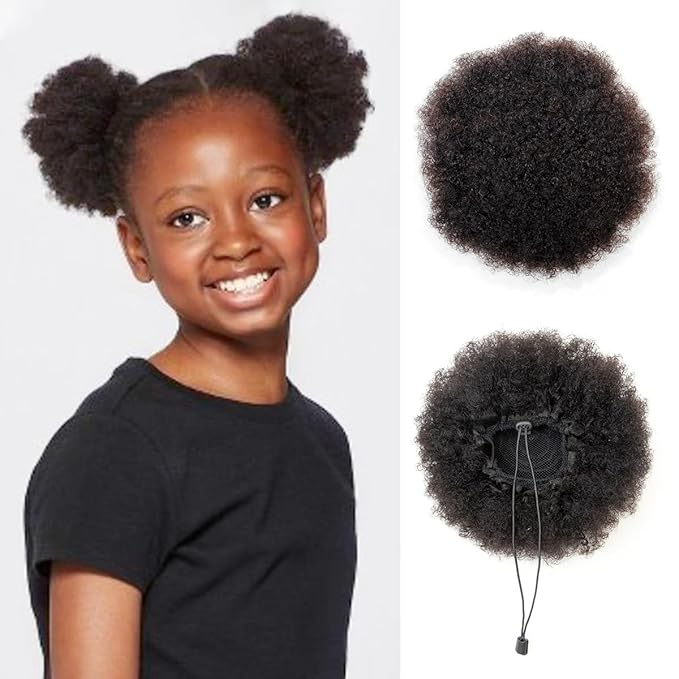 isheeny Natural Black Curly Ponytail Extension Human Hair Large Drawstring Ponytail 2pcs For School Children, An Innovative Design For African Puffs, Delicate And Cute Loose Kinky Curls Hairpiece