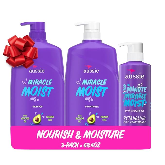 Aussie Miracle Moist Shampoo and Conditioner with 3 Minute Miracle Deep Conditioner, Avocado & Jojoba Oil, Paraben-Free, Moisturizes & Detangles, All Hair Types, Citrus Floral Scent, 3 Pack 68.4 Fl Oz