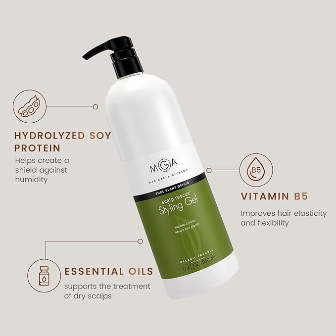 MGA Vegan Hair Styling Gel - Scalp Rescue Organic Formula for Flexible & Natural Hair Style | Curly Hair Products for Men & Women Provides Frizz Control | Alcohol Free & Color Safe Hair Gel | 32 Fl Oz