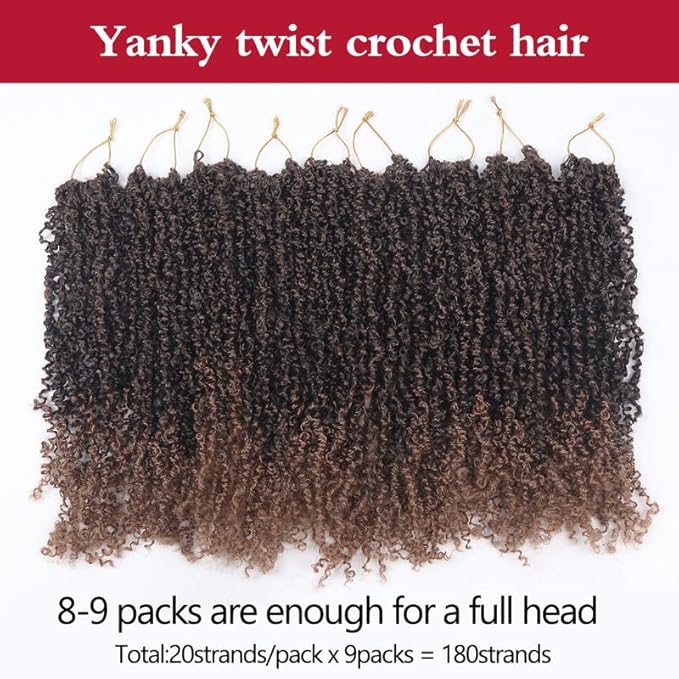 Yanky Twist Crochet Hair, PILLUGER Yaki Twists Hair Micro Spring Twist Braids,9 Packs Pre-looped passion Twist Brown Senegalese With Curls Crochet Synthetic Hair Extensions（16-T30）