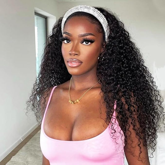 Headband Wig Human Hair Curly 28 Inch None Lace Front Wigs Deep Wave Human Hair Headband Wigs for Black Women Natural Color