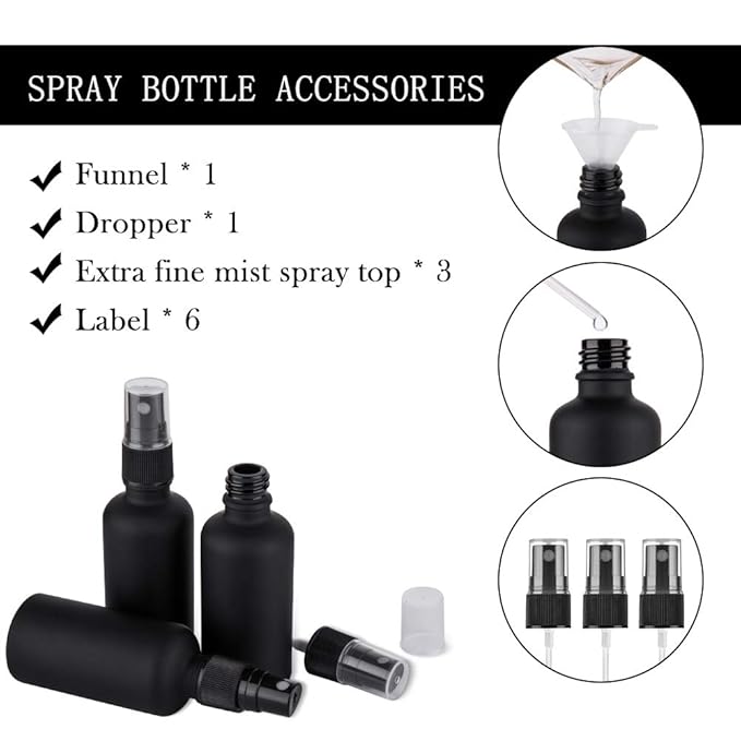 2oz Small Glass Essential Oils Spray Bottles, Fine Mist Frosted Black Spray Bottles (Set Of 3)