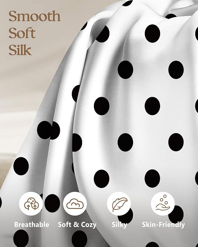 Silk Pillowcase 2 Pack - Pillow Cases 20" x 30" Queen Size Set of 2 for Hair and Skin Smooth Soft Breathable with Hidden Zipper Cooling Pillow Covers for Sleeping, White Black dot