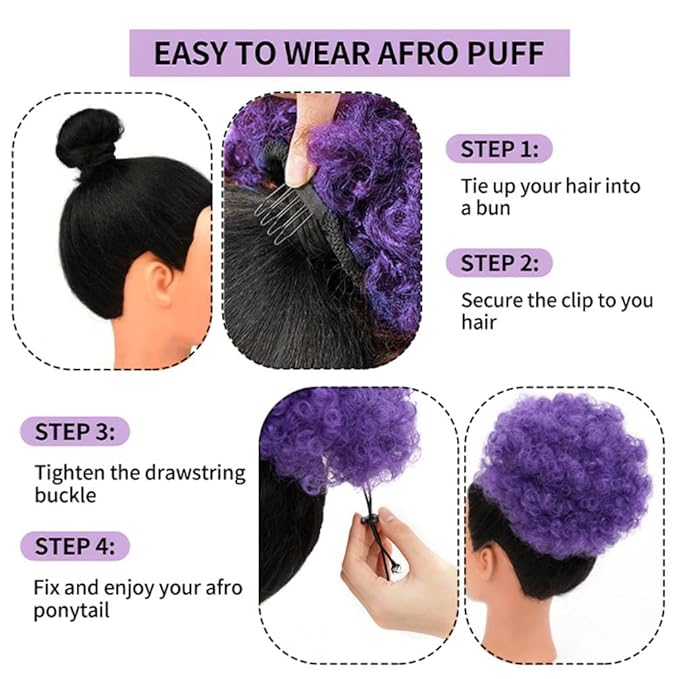 YEAME Short Kinky Curly Synthetic Afro Puff Drawstring Ponytail for Black Women and Girls (2404 Purple)