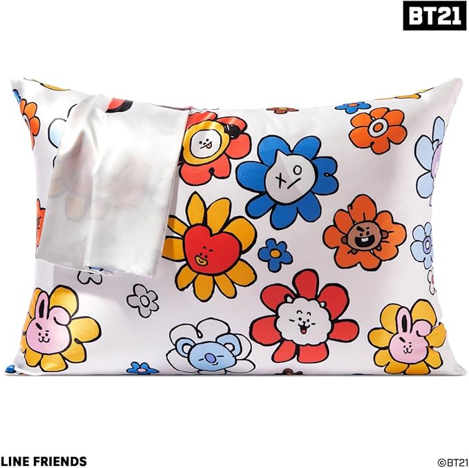 Kitsch x BT21 Satin Pillowcase with Zipper – Better Than Silk Pillowcase, RJ Character & Funky Floral Print – Soft Cooling Toddler Bed Time Pillow Case for Hair & Skin – Queen/Standard 19x26