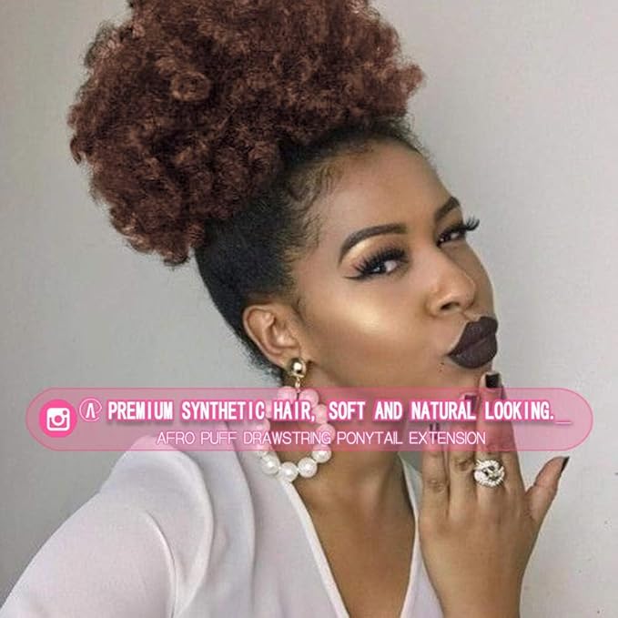 rosmile Afro Puff Drawstring Ponytail Extension for Black Women, Premium Deep Brown #33 80 Gram Short Synthetic Afro Puff Ponytail for Natural Hair, Clip On Kinky Drawstring Curly Ponytail Bun