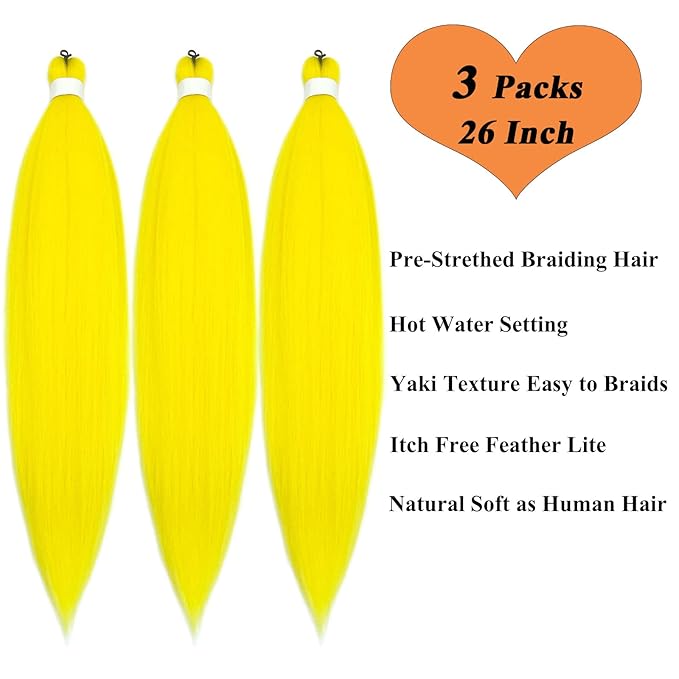 Yellow Braiding Hair Pre Stretched 26 Inch Long Prestretched Prestressed Braiding Hair Synthetic Fake Colored Hair Extensions for Box Braids Twist Crochet Hair (Yellow Braids 3 Packs)