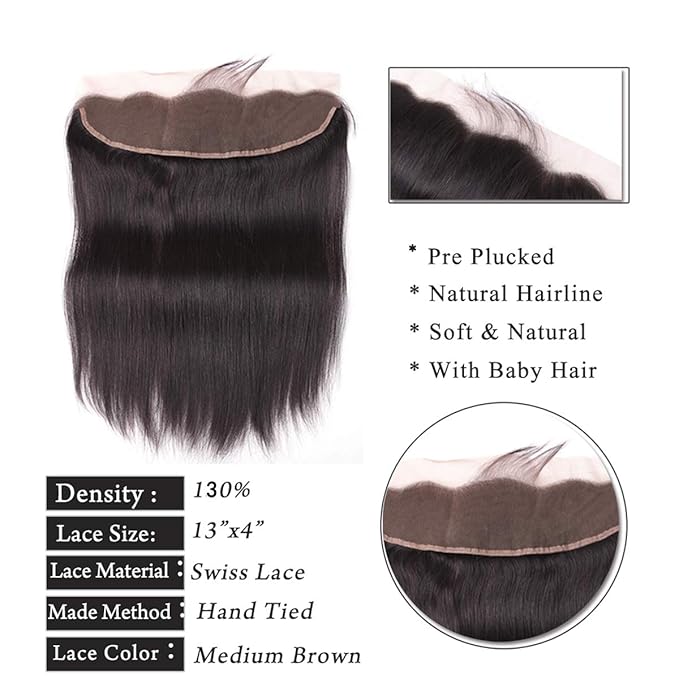 Straight 4 Bundles with Frontal (22 24 26 28+20Frontal) 13x4 Ear to Ear Lace Frontal 10A Unprocessed Virgin Human Hair Straight Bundles with Frontal Natural Color