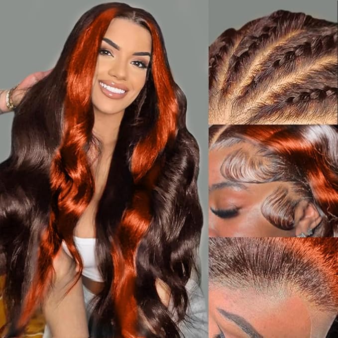 200% Density 13X6 Ginger 30 Inch Lace Front Wigs Human Hair Pre Plucked for Women Ombre 13X6 HD Transparent #350 Highlight Lace Front Wigs Human Hair Glueless Orange Colored Lace Front Wigs (30Inch)