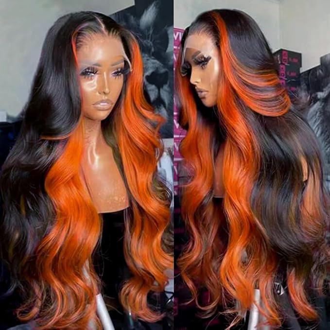 200% Density 13X6 Ginger Lace Front Wigs Human Hair Pre Plucked for Women Ombre 13X6 HD Transparent Ginger Orange Skunk Stripe Hightlight Lace Front Wigs with Baby Hair 36Inch