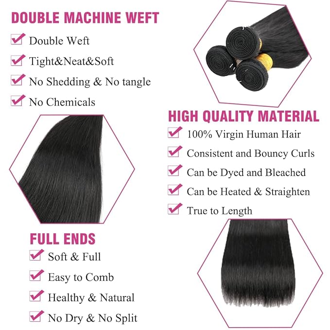 Brazilian Straight Human Hair 1 Bundle 24inch 10A 100% Unprocessed Straight Bundles Virgin Weave Raw Sew in Human Hair Bundles Deals Natural Black for Woman