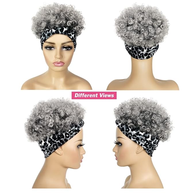 Afro Curly Wigs with Headbands for Black Women: Synthitic Kinky Puff Wigs, Drawstring Headwrap Hairstyles