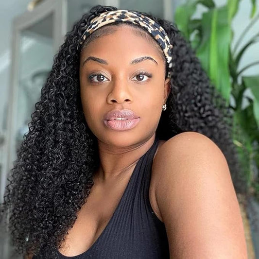 Eooma Curly Headband Wig Human Hair Glueless Wigs for Black Women 22 inch Briazilian Scarf Wig No Gel Remy Curly None Lace Front Wigs Human Hair