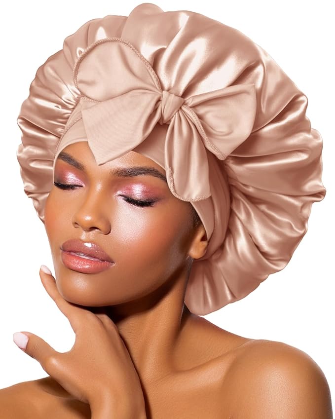 BONNET QUEEN Silk Bonnet for Sleeping Women Satin Bonnet Night Sleep Cap Wrap for Curly Hair with Adjustable Tie Band, Single Layer, Champagne