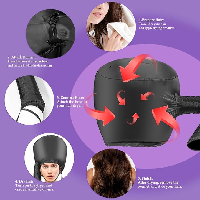 Hooded Hair Dryer Bonnet - Fast-Drying Bonnet Hair Dryer for Natural Hair, Deep Conditioning, Styling, & Curl Enhancing - Adjustable Fit, Heat Distribution, Portable & Lightweight for Travel（Black）
