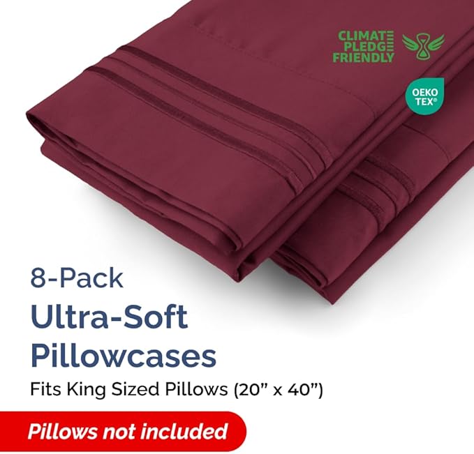 King Pillow Cases Set of 8 - Ultra Soft Hotel Quality Pillowcase Covers - Comfy & Wrinkle Free - Shrink, Stain & Fade Resistant - Easy-Care, Machine Washable Pillow Protectors - 8 Piece Set - Burgundy
