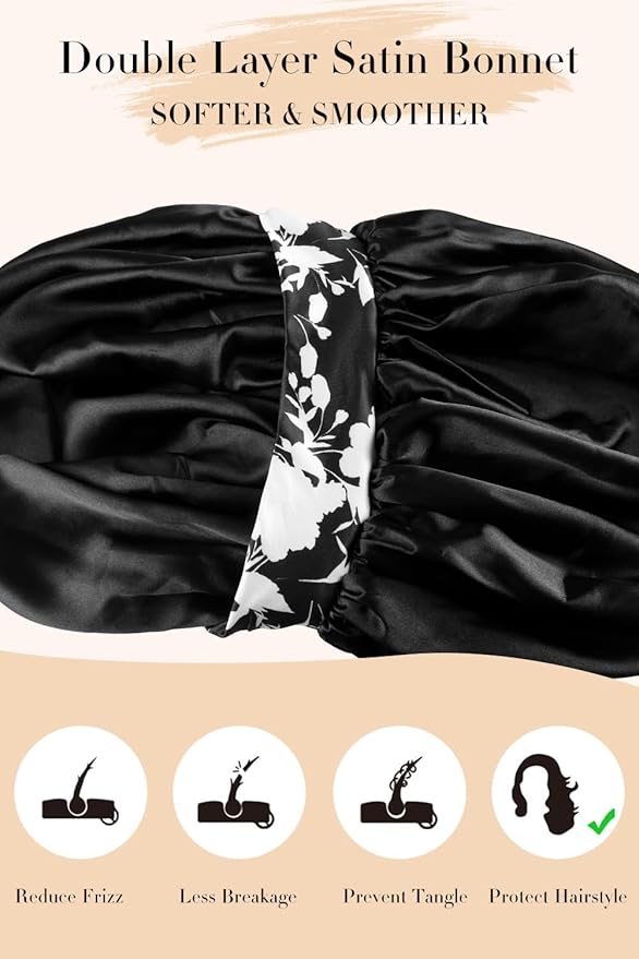 Double Layer Silk Bonnet with Tie Satin Lined Sleep Cap Hair Cover for Women's Curly Natural Hair