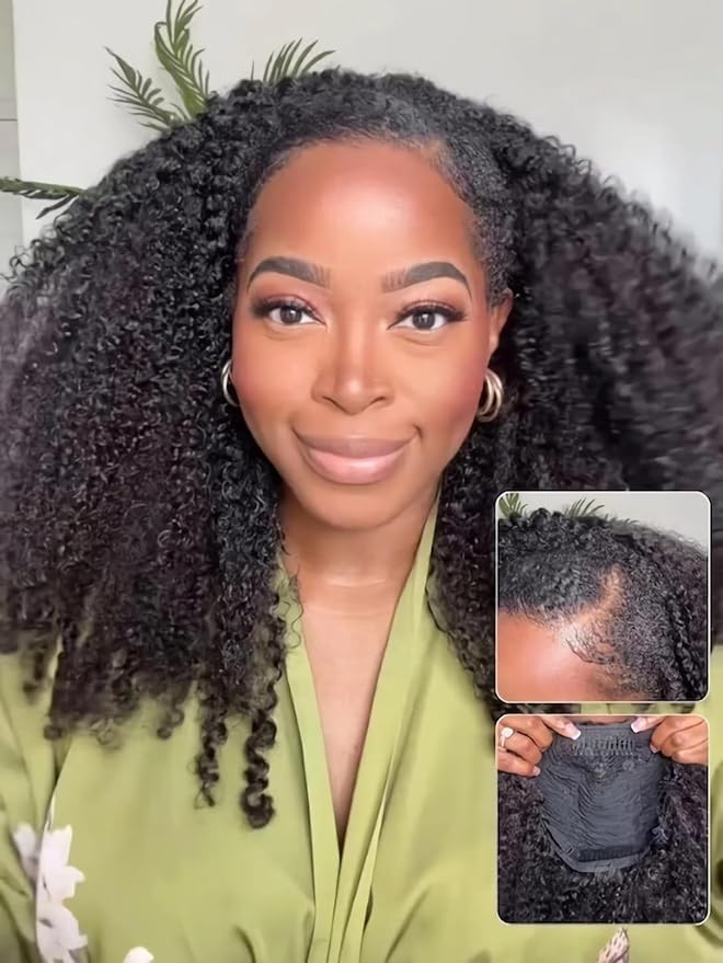 Julia Hair Afro Kinky Curly Half Wigs Human Hair 4C Blend Edges Hairline with Drawstring 3 In 1 Flip Over Clip in Glueless Beginner Friendly Headband Curly 3/4 Half Wig for Women 18 Inch
