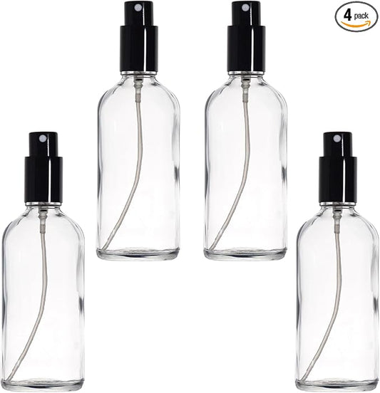 YIZHAO Clear Glass Spray Bottles 4oz, with Small Fine Mist Spray, Metal Cap, Refillable for Essential Oil,Travel,Cleaning,Perfume,Aromatherapy,Makeup – 4 Pcs