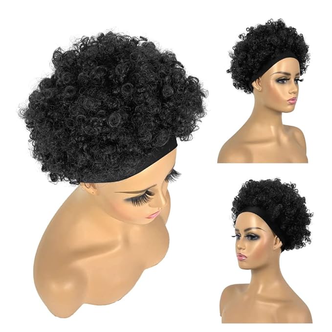 Afro Headband Wig Black Short Afro Kinky Curly Wigs for Black Women Glueless Afro Wigs with headbands attached Synthetic with 2 Clips(1b)