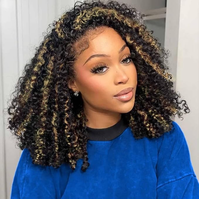 Kinky Curly Half Wig Human Hair 250% Density Wear Go Glueless Wigs Human Hair Curly 3 In 1 Half Wigs for Women Drawstring Seamless Flip Highlight Blonde Headband Wig Beginner Friendly (16 Inch)