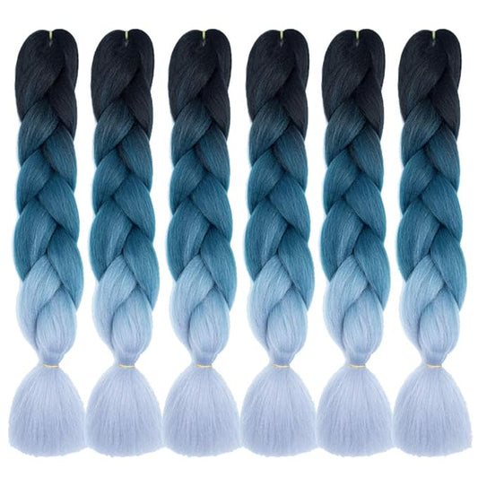 Xiaofeng Braiding Hair Extensions for Women 6 Packs 100g/Pack 24Inch High Temperature Ombre Jumbo Synthetic Braiding Hair for Twist Crochet Braids (24 Inch, black-dark blue-silver gray)