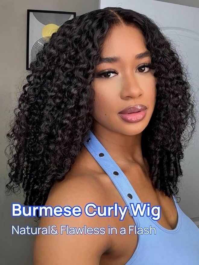 Julia Hair V Part Wig Human Hair Curly Wig with Finger Coil Ends Glueless V Shape Wig Afro Curly Wigs with Drawstring Upgrade U Part No Leave Out Half Wig For Women Natural Scalp 22 Inch
