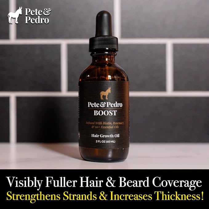 Pete & Pedro BOOST Hair & Beard Strengthening & Growth Natural Scalp Health Serum Oil For Men & Women - With Rosemary, Biotin & 20 plus Essential Oils | Shark Tank Featured, 2 oz.