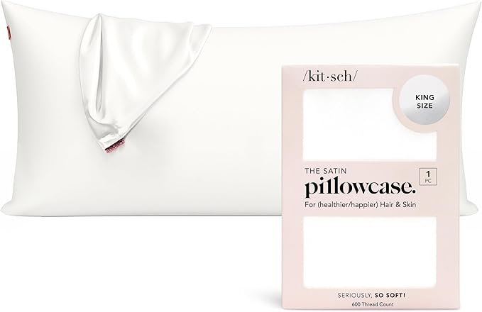 Kitsch Satin Pillowcase, Softer Than Silk Pillow Cases King, Cooling Pillow Covers, Satin Pillowcase with Zipper for Hair, Skin & Quality Sleep, Wrinkle-Free & Smooth, King Size 19"x36", Ivory