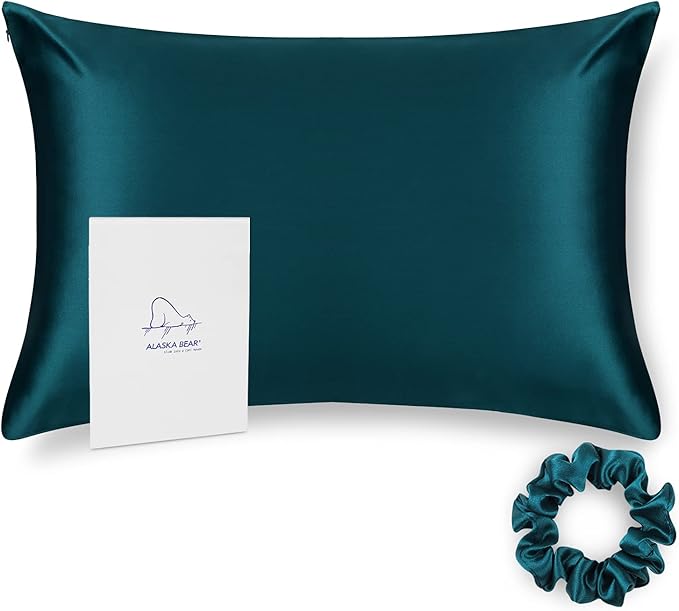 ALASKA BEAR Silk Pillowcase for Hair and Skin, 100% Mulberry Silk Pillow Cases King Size for Bliss Sleep with Random Color Scrunchy Gift Set Better Than Poly Satin, 1pc, Teal/Dark Turquoise