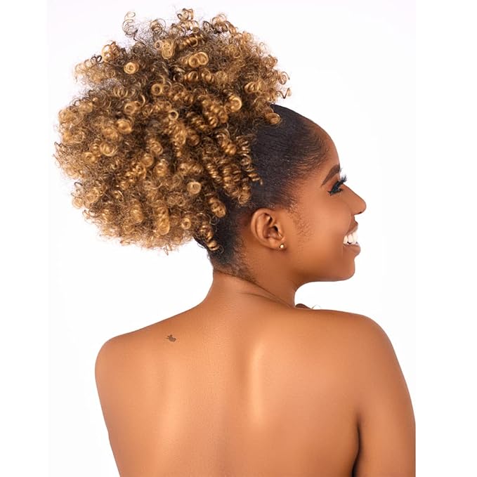 Afro Puff kinky curly Drawstring Ponytail Extension for Black Women Synthetic Short Afro Kinkys Curly Afro Bun Extension Hairpieces Updo Hair Extensions with Two Clips(T27#)