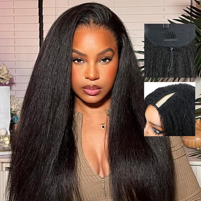 Larhali Kinky Straight V Part Wig Human Hair with Drawstring 200% Density Upgrade Glueless U Part Wig No Leave Out No Sew In V Part Wigs Kinky Straight Human Hair Wigs 22 Inch