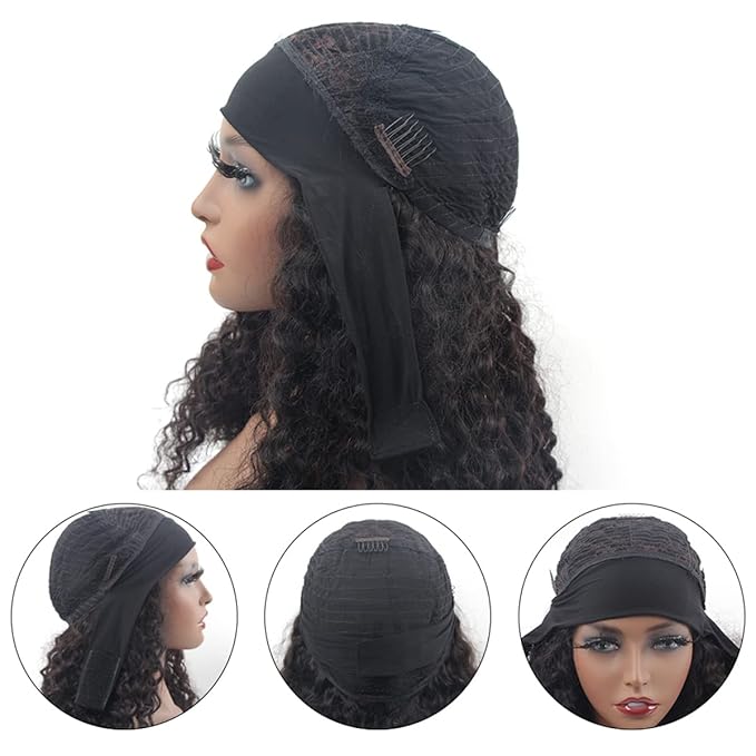 ISEE Headband Human Hair Wigs 180% Density Water Wave Curly None Lace Front for Black Women Glueless Deep Wave Machine Made Wigs 22Inch
