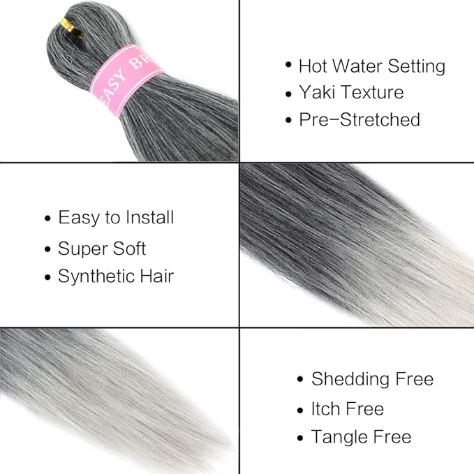 AQINBEL Pre-stretched Braiding Hair 26 Inches -8 Bundles Itch Free Synthetic Fiber Crochet Twist Braids Yaki texture Ombre Braiding Hair Extensions (Black/silver)