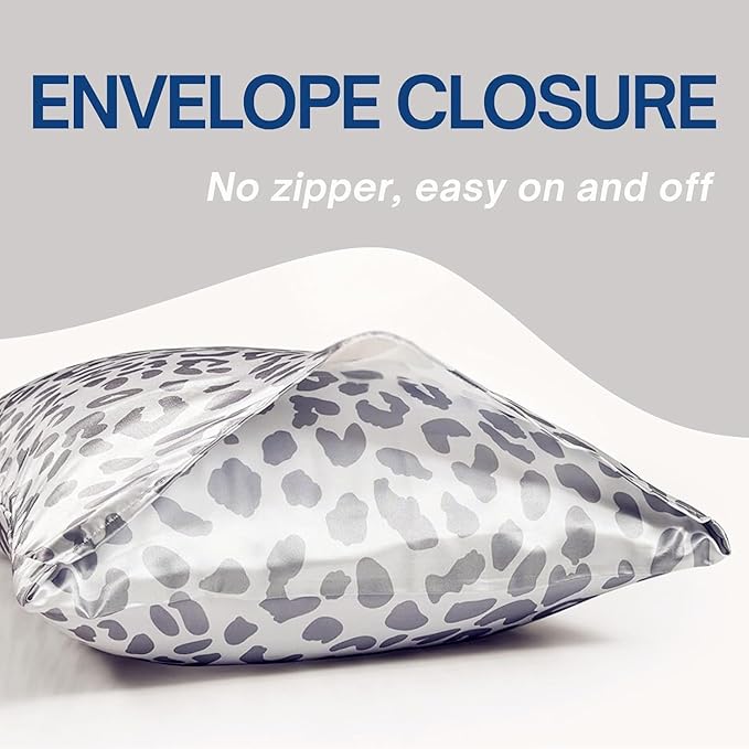Satin Pillowcase for Hair and Skin, Soft and Cooling Similar to Silk Pillow Cases 2 Pack with Envelope Closure Standard Size Satin Pillow Covers, Gift for Women Men(20"x26", Leopard, Silver)
