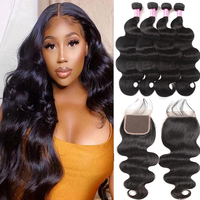YISEA Body Wave 4 Bundles with Closure(16 18 20 22+14) 100% Unprocessed Brazilian Body Wave Human Hair Bundles with 4X4 Lace Closure Free Part Natural Color